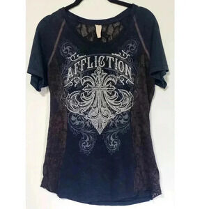 Affliction Tshirt‎ womens size large bling y2k vintage navy blue snakeskin